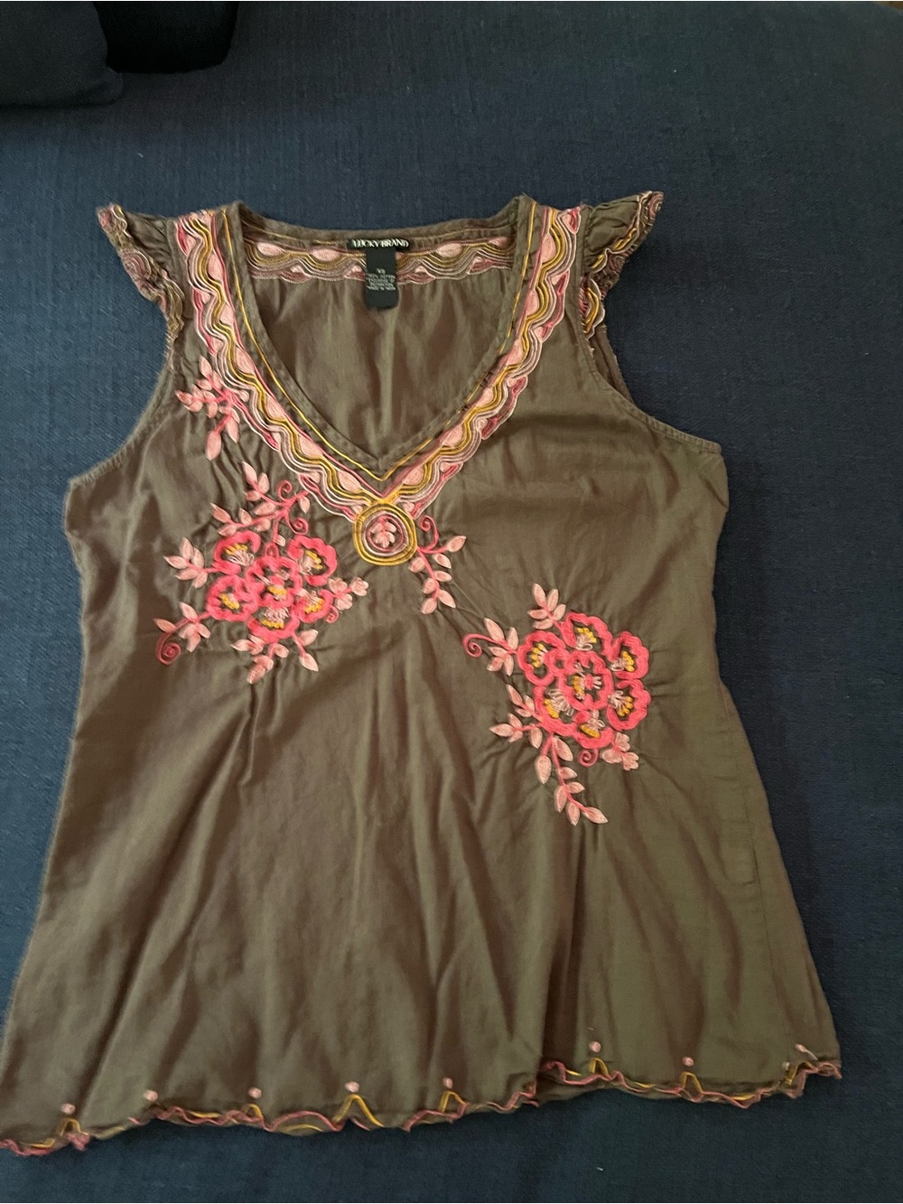 Lucky Brand Brown Tank Top with Pink & Yellow Floral Embroidery